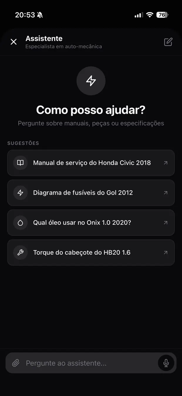 Assistente técnico do AUTOS com sugestões de manuais e especificações