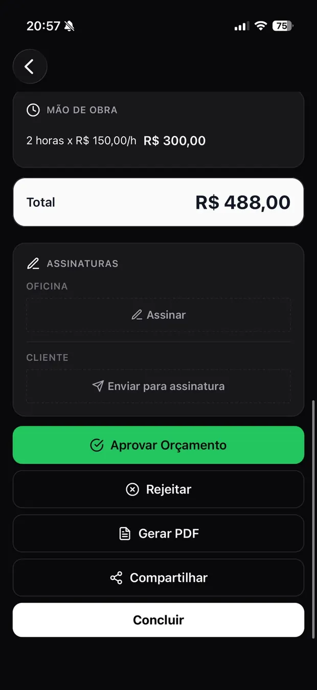 Orçamento com total, assinaturas e opções de compartilhar e gerar PDF
