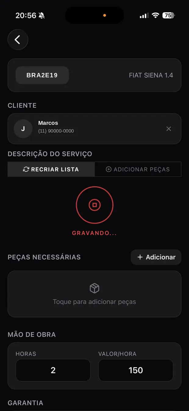 Gravação de voz em andamento na descrição do serviço
